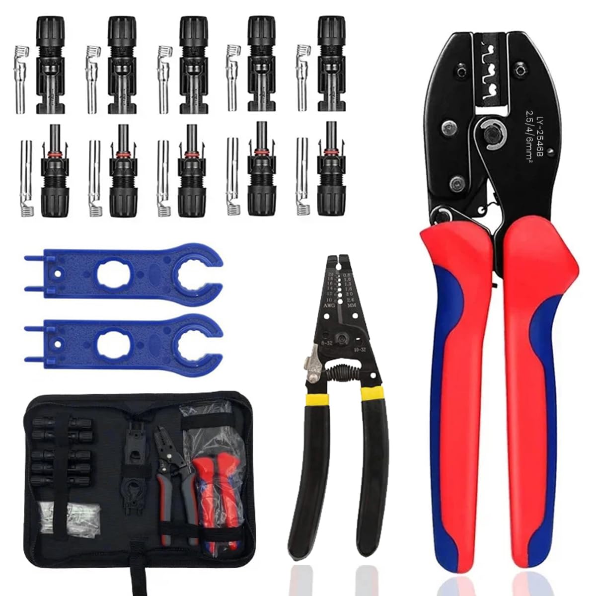 Serplex Solar Crimper Tool Kit Wire Stripper Crimping Tool with Tool Bag, 5 Pairs MC4 Connectors, Spanner Wrench for Solar Panel Cable Assembly and Installation Serplex Solar Crimper Tool Kit Wire Stripper Crimping Tool with Tool Bag, 5 Pairs MC4 Connectors, Spanner Wrench for Solar Panel Cable Assembly and Installation